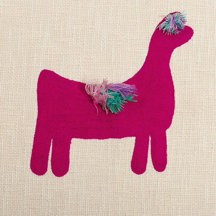 Deko Decke Baumwolle beige/rosa mit Lama-Motiv Quasten 130x180 cm Nandyal