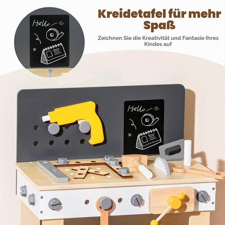 HOMASIS Werkzeugbank Kinder, Werkbank Spielwerkbank Holz, Werkstatt mit 50 TLG. Zubehör &amp; Tafel &amp; Ar