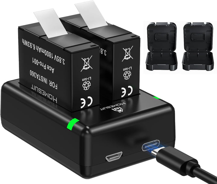 Homesuit Insta 360 Ace Ersatz Akku 1800mAh 2 Stück und USB Ladegerät kompatibel mit Insta360 Ace Pro