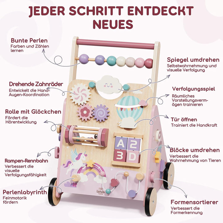 Lehoo Castle Lauflernwagen Holz mit Bremse, Einhorn Laufwagen ab 1 Jahr | Einstellbare Bremse, 10-in