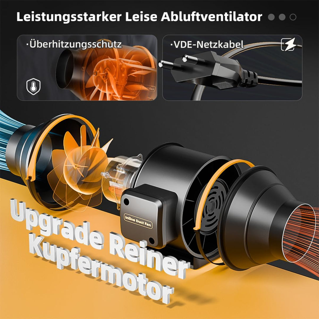150mm Rohrventilator mit Fernbedienung, Timer Temperatur - und Feuchtigkeitsregler, Leise Rohrlüfter