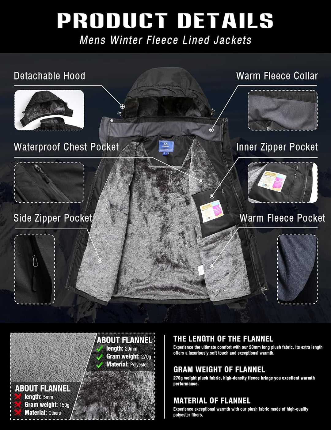 Zzkouine Herren Winter wasserdichte Fleecejacke Warm Gefüttert Winterjacke mit Kapuze Wasserabweisen