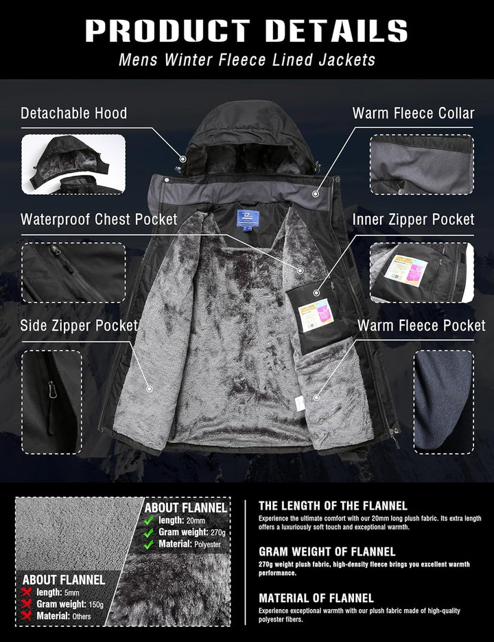 Zzkouine Herren Winter wasserdichte Fleecejacke Warm Gefüttert Winterjacke mit Kapuze Wasserabweisen