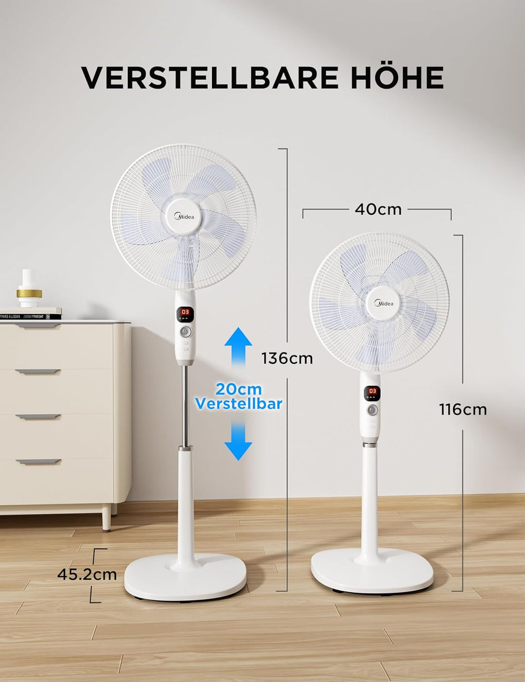 Midea FS40-16CR DC Motor Standventilator leise Extreme,mit Fernbedienung,12 Geschwindigkeiten,12H Ti