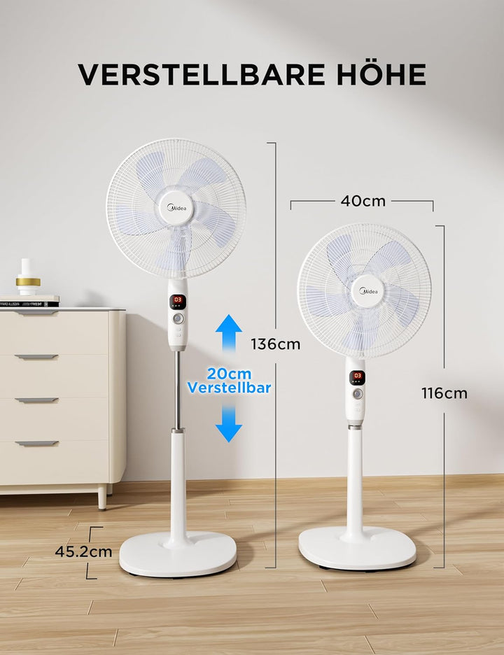 Midea FS40-16CR DC Motor Standventilator leise Extreme,mit Fernbedienung,12 Geschwindigkeiten,12H Ti