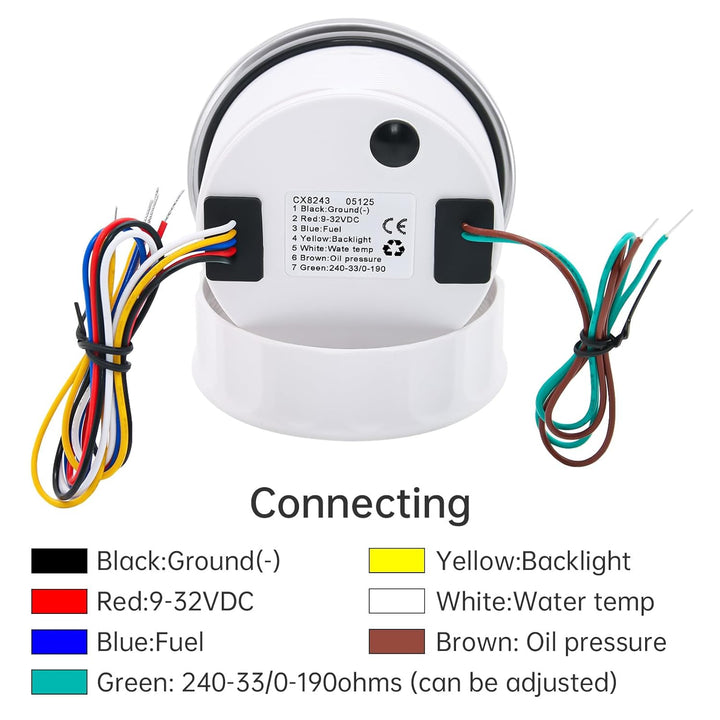 85mm 4in 1 Multifunktionales Messgerät, wasserdichter Kraftstoffstand 0-190 ohms Öldruck Wassertempe
