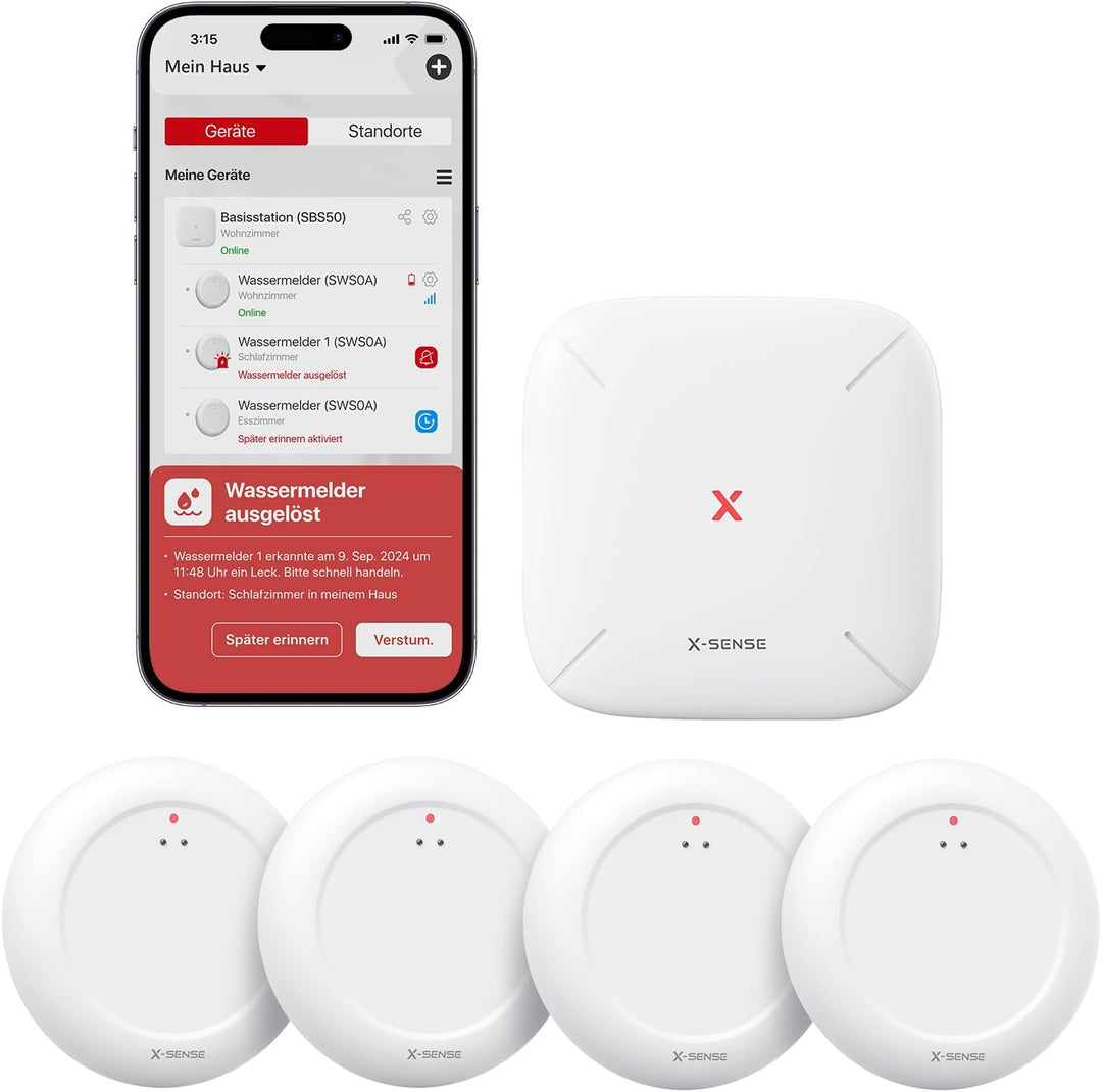 X-Sense Wassermelder WLAN mit SBS50 Basisstation, Smarter Wassermelder, App-Warnungen, wasserdicht n