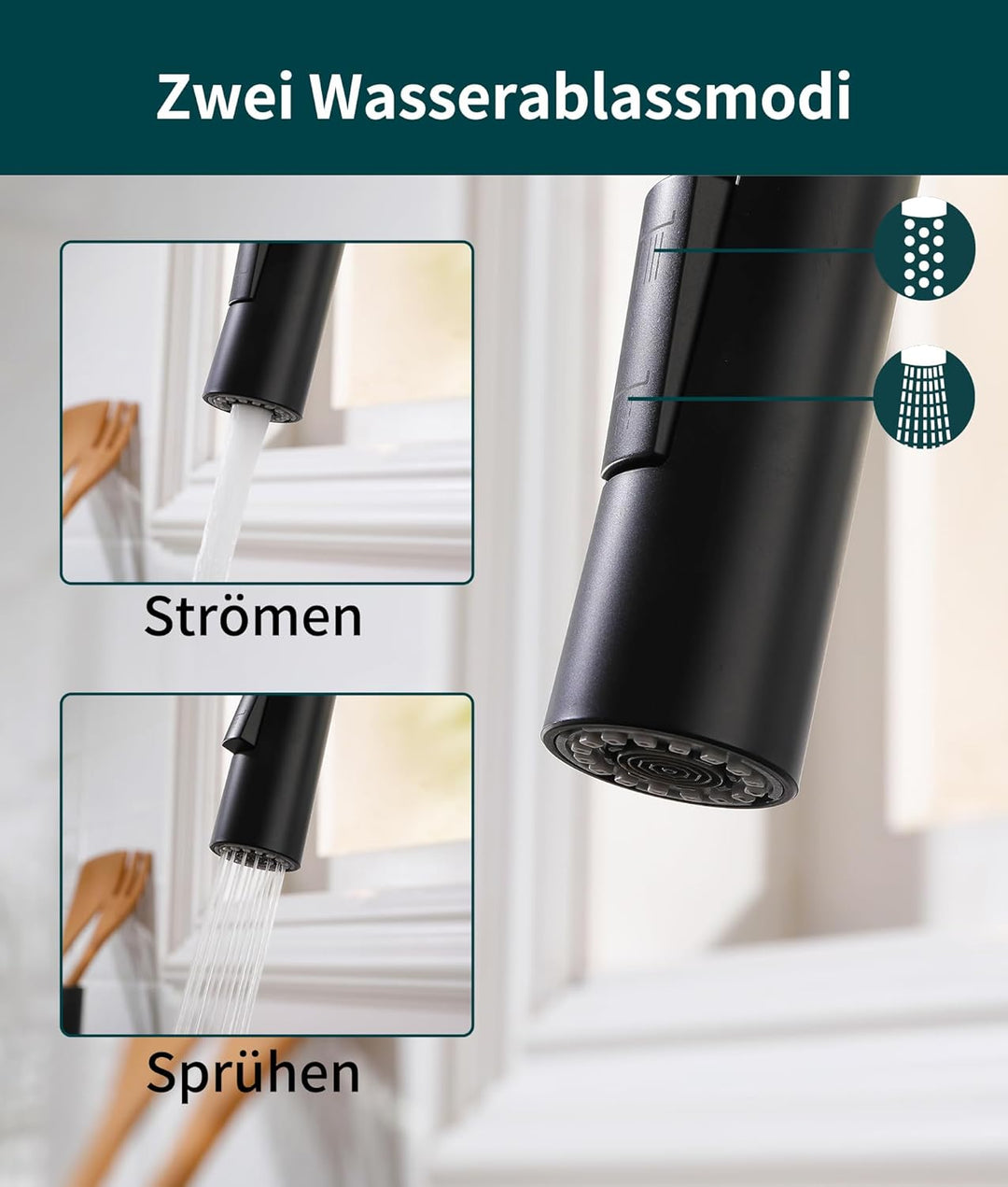 Wasserhahn Küche Schwarz,Hochdruck Küchenarmatur mit Ausziehbar Brause,Armatur Küche 360° Drehbar,Sp