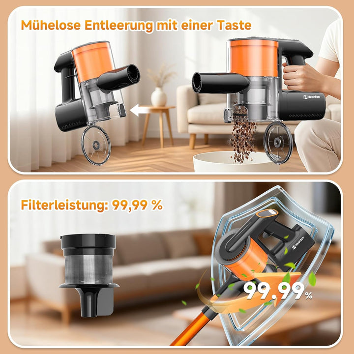 Hearten Akku Staubsauger Kabellos mit LED Display, Leise, 3 Betriebsarten, Kabelloser Staubsauger mi