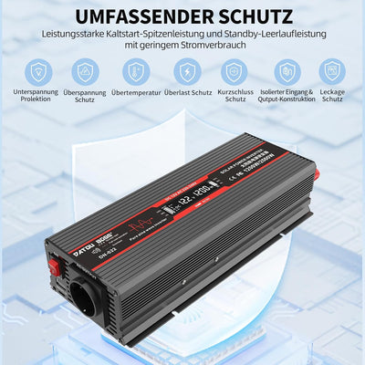 DATOUBOSS 1200W Wechselrichter 12V Auf 230V Reiner Sinus Spannungswandler Spitzenleistung 2500W Mit