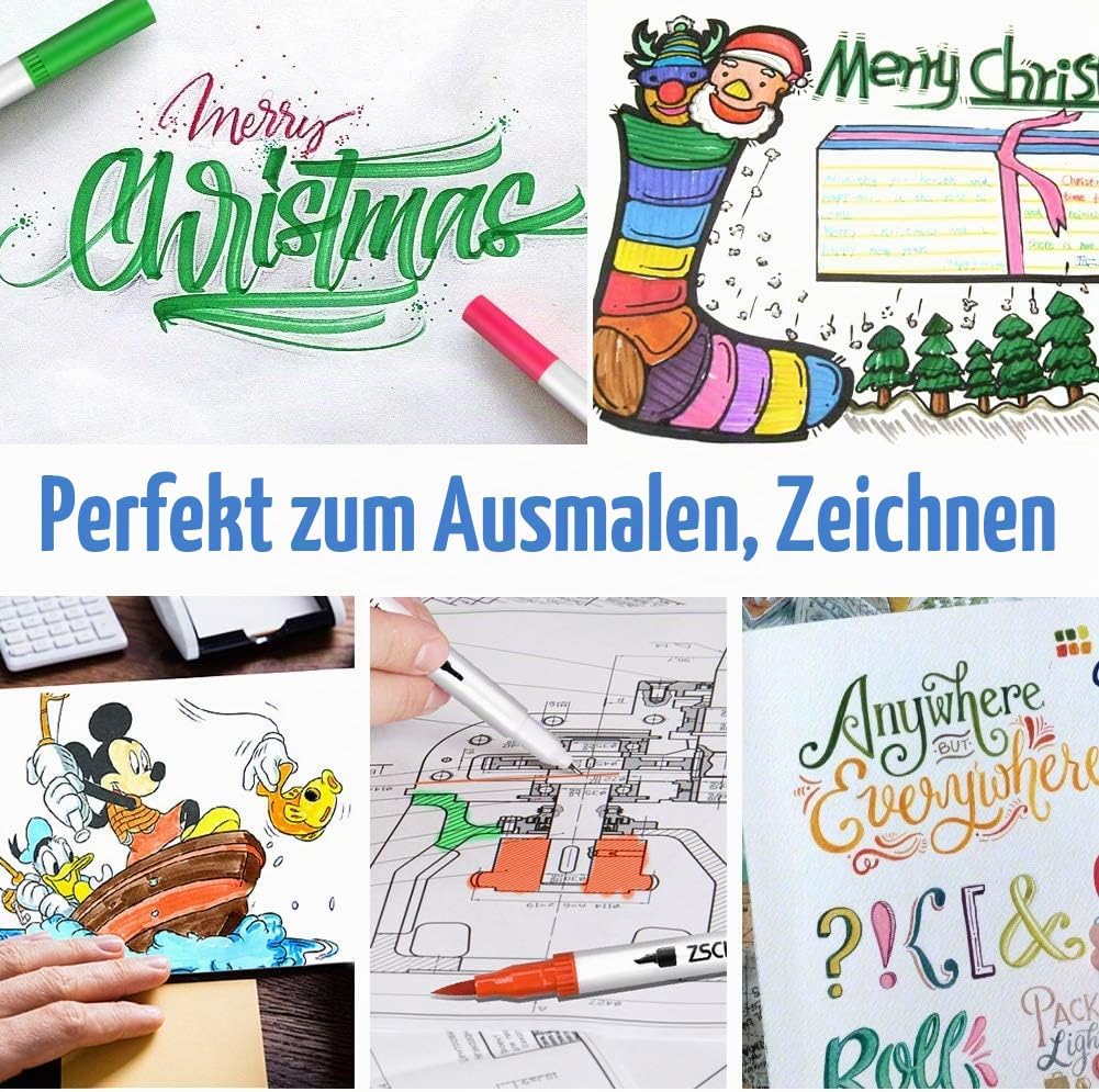 ZSCM 100 Farben Dual Brush Paint Pens, Coloured Pens Aquarell Art Marker Fineliner Kalligraphie Pens