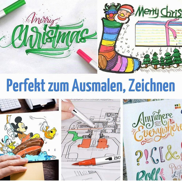 ZSCM 100 Farben Dual Brush Paint Pens, Coloured Pens Aquarell Art Marker Fineliner Kalligraphie Pens