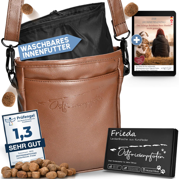 Ostfriesenpfoten® Leckerlibeutel 'Frieda' für Hunde aus hochwertigem Kunstleder - Dunkelbraun Grösse