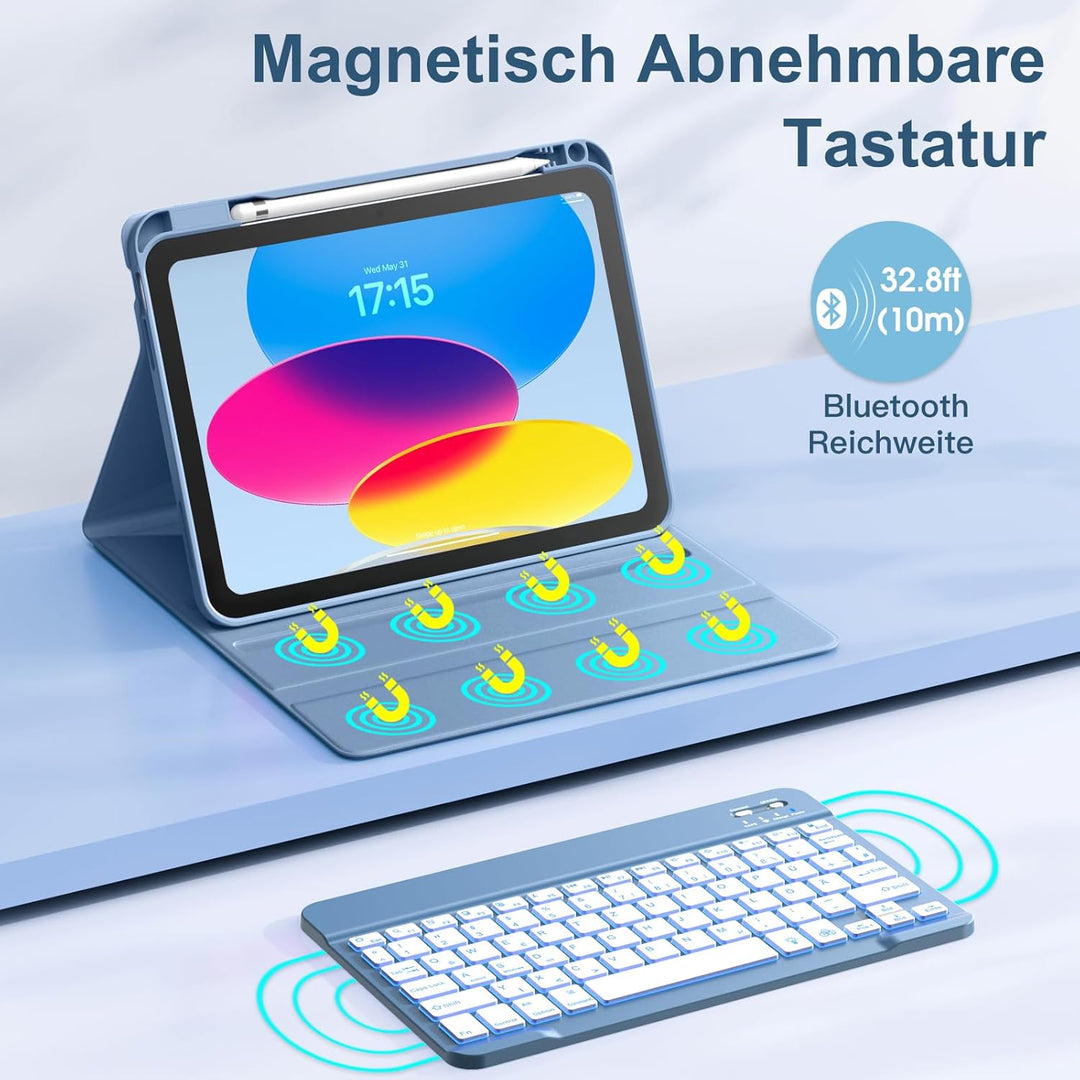 Vobafe Hülle mit Tastatur für iPad 10 Generation 10,9 Zoll 2022-7 Farben Beleuchtete Kabellose Abneh