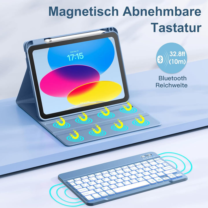 Vobafe Hülle mit Tastatur für iPad 10 Generation 10,9 Zoll 2022-7 Farben Beleuchtete Kabellose Abneh