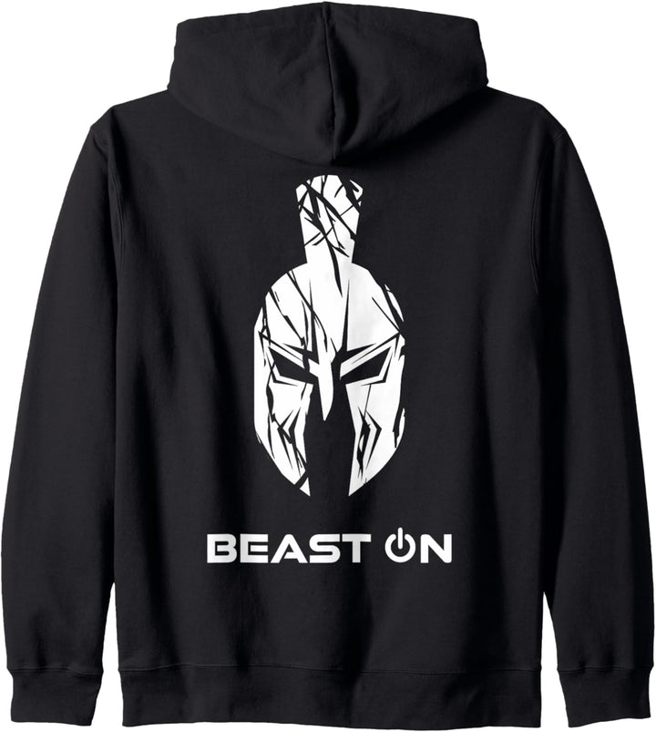 Beast ON Spartaner Helm | Rückseite Rücken Druck GYM Fitness Kapuzenjacke