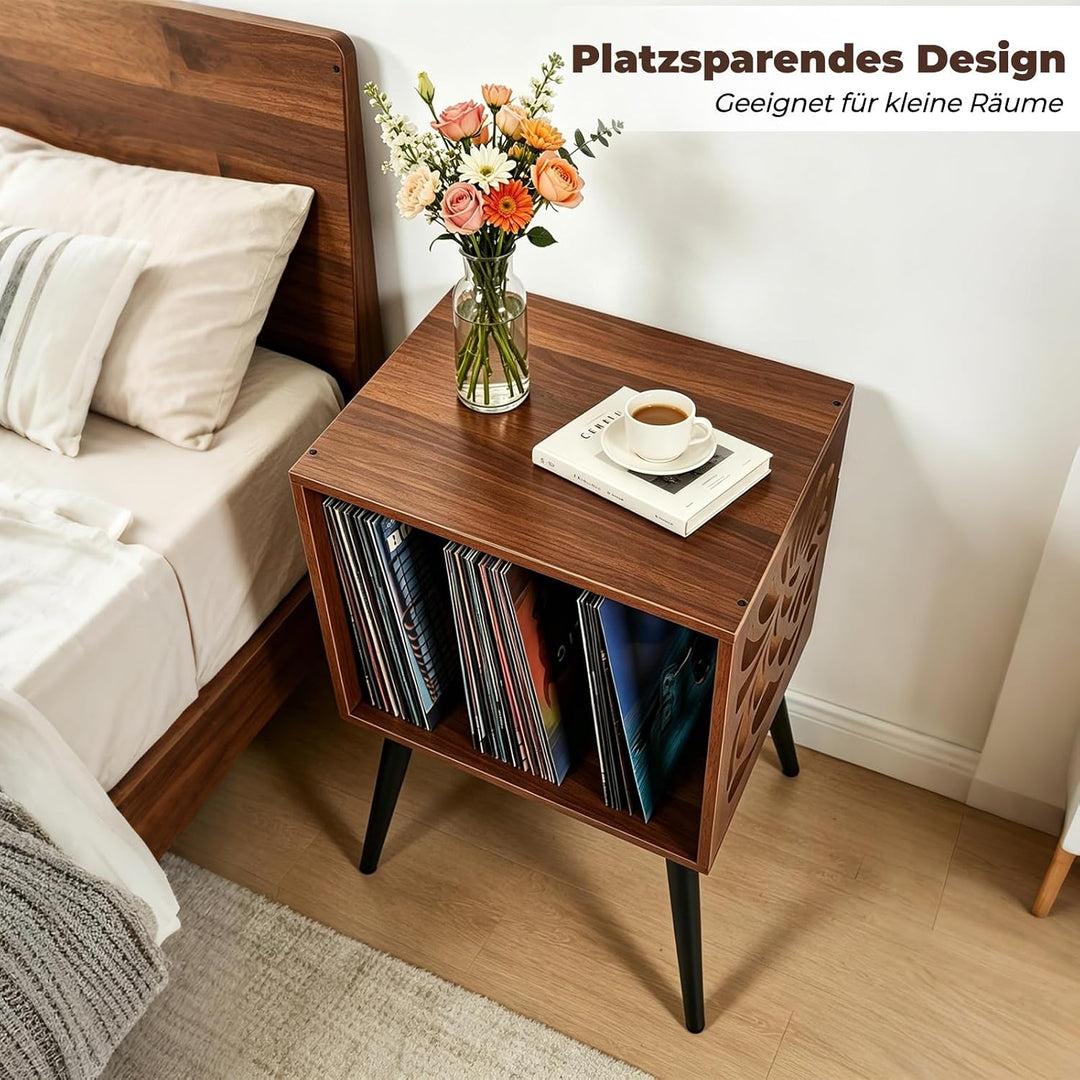 Plattenspieler-Ständer für 80 Alben LP Regal Holz Mid-Century Retro | Schallplattenregal mit Monster