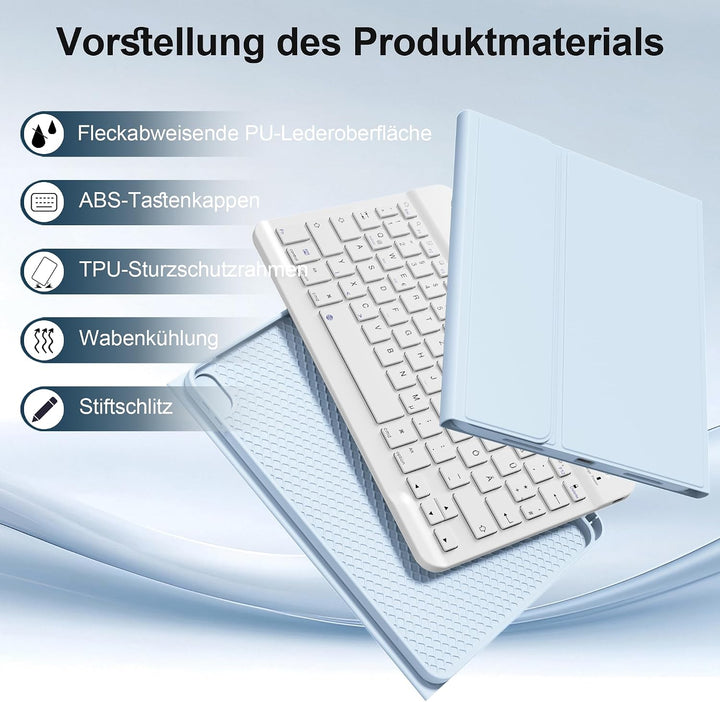 Tastatur Hülle für iPad A16 11. Gen/iPad 10. Gen, QWERTZ, Hellblau, Hellblau