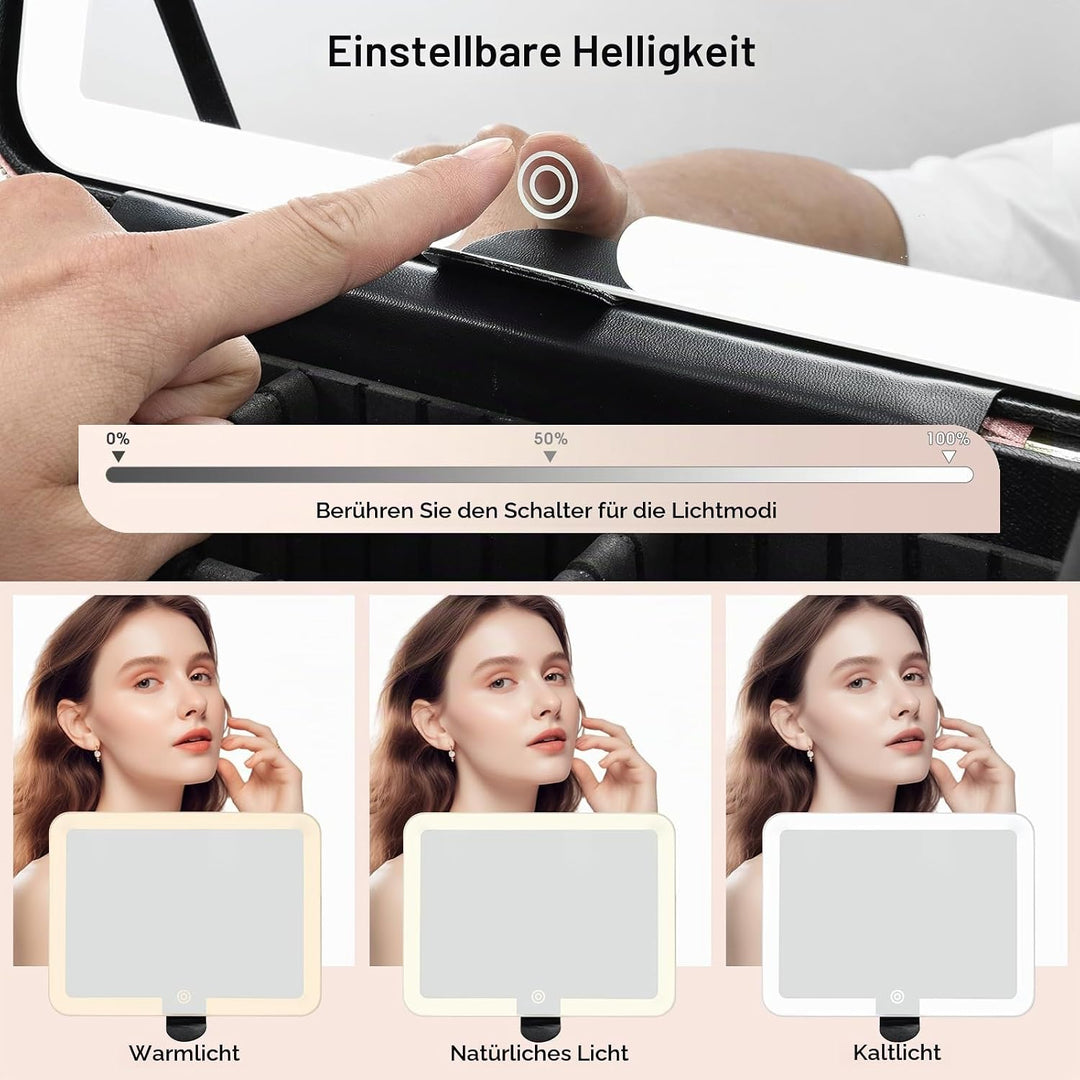 Leder-Kosmetiktasche mit LED-beleuchtetem Spiegel Reise-Kosmetikkoffer Einstellbare Helligkeit in 3