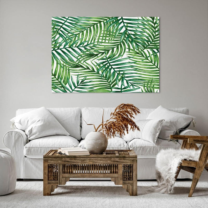 Bilder auf Leinwand 100x70cm Leinwandbild mit Rahmen Palme Blatt grün Gross Wanddeko Bild Schlafzimm