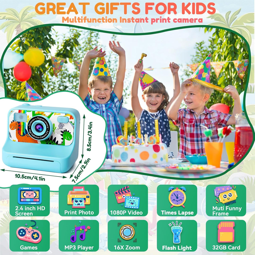 Kinderkamera Sofortbildkamera, 2,4 Zoll Bildschirm 1080P HD Kinderkamera, mit 32GB Karte und 3 Rolle
