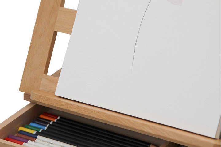 Paintersisters Tischstaffelei Lisa - Sitzstaffelei mit Schublade, Kofferstaffelei Massiv Holz, Ateli
