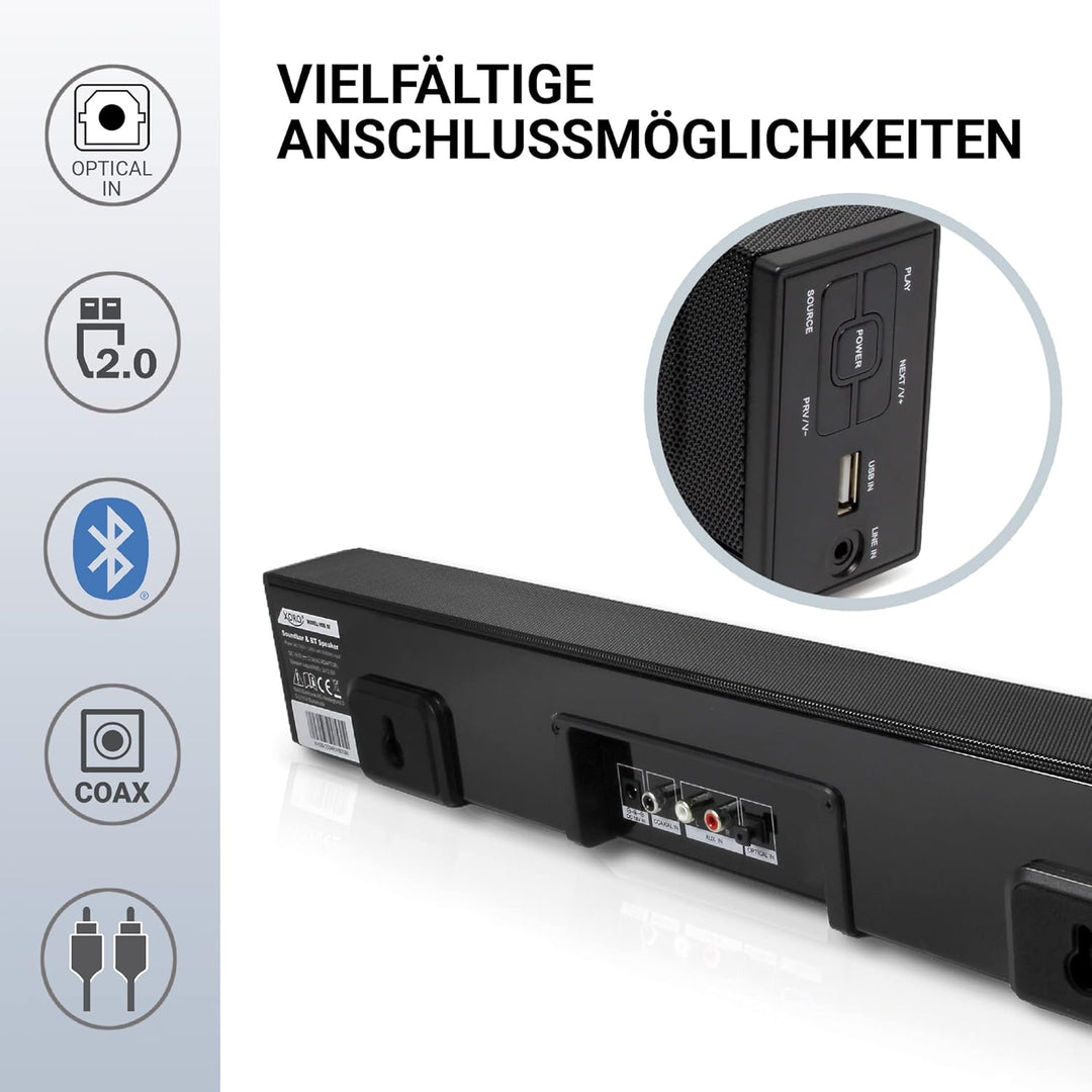 XORO TV Soundbar HSB 50 V2 mit 25 Watt Leistung, Bluetooth Lautsprecher, USB Mediaplayer, Line IN, O