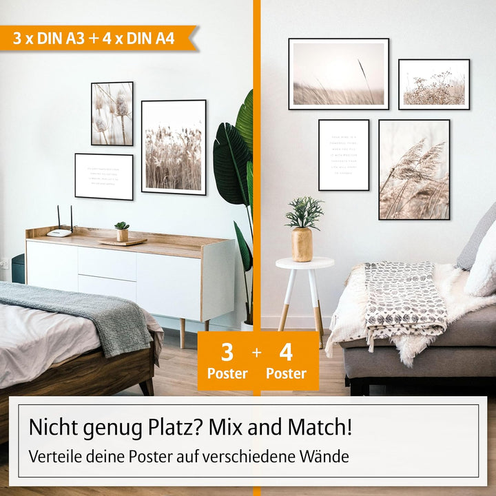 Hyggelig Home Premium Poster Set - 7 Gräser Bilder in Landschaft mit Blumen - Wandposter Boho Scandi