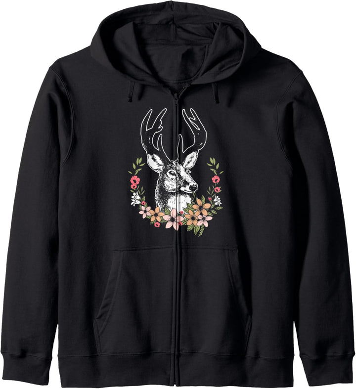 Hirschkopf mit Geweih und Blumen Hirsch Trachten Kapuzenjacke