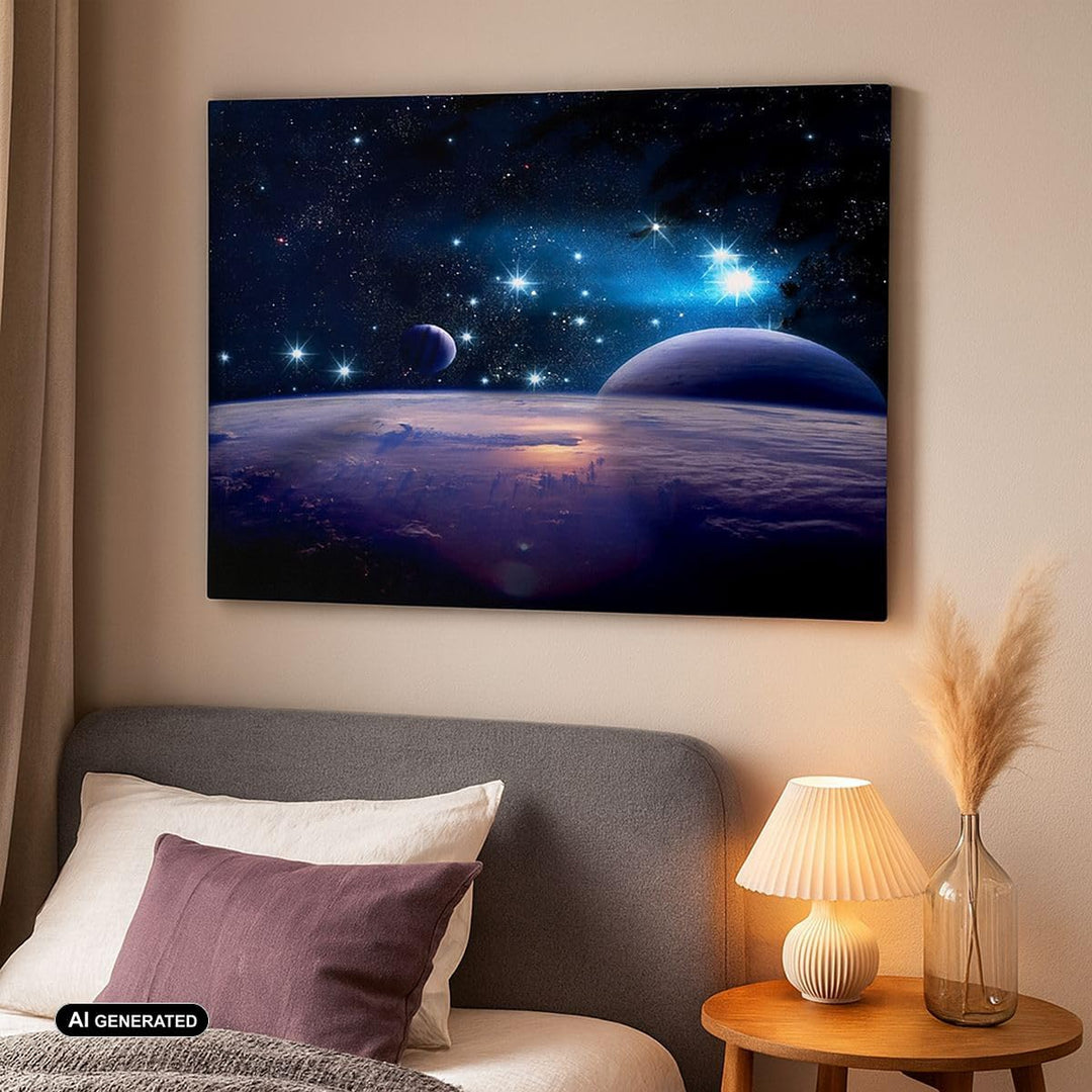 Bilder auf Leinwand 100x70cm Leinwandbild mit Rahmen Kosmos Planet Gross Wanddeko Bild Schlafzimmer