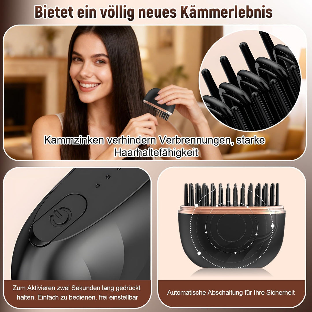 Mini Glätteisen Kabellos, Mini Haarglätter Bürste, Wiederaufladbare Tragbare Glättbürste mit 3 Tempe