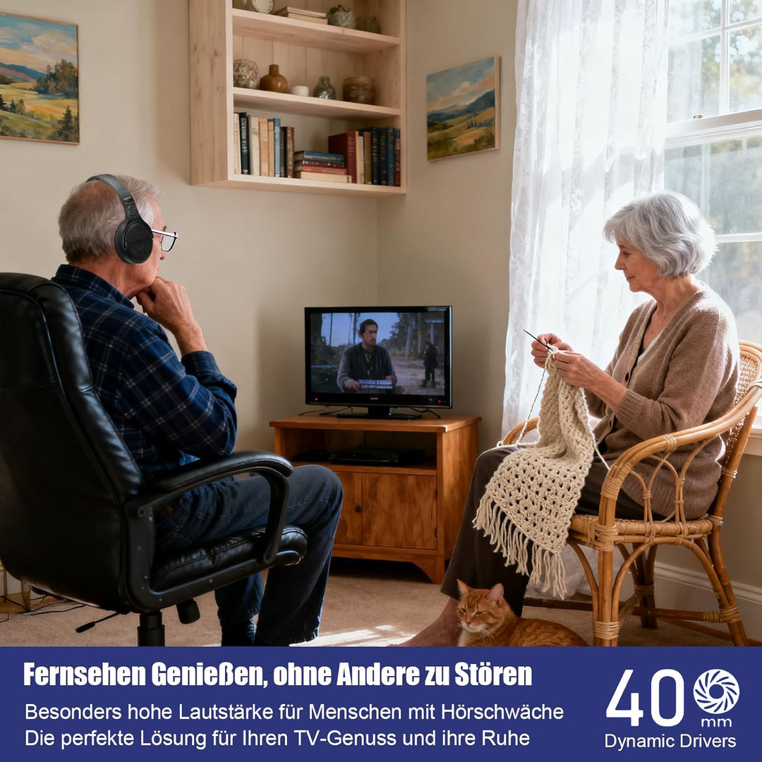Kabellose TV-Kopfhörer für Senioren mit grossen Tasten, Ladestation, RF-Sender 2,4 GHz, Unterstützun
