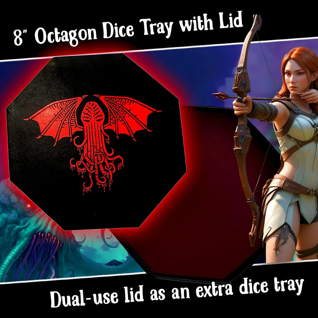 Fantasydice-Cthulhu Tome-RED- Dice Storage and Rolling Tray - 20CM Octagon with Lid and Dice Staging