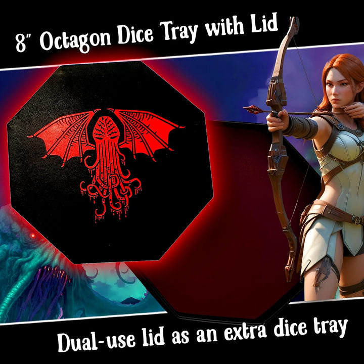 Fantasydice-Cthulhu Tome-RED- Dice Storage and Rolling Tray - 20CM Octagon with Lid and Dice Staging
