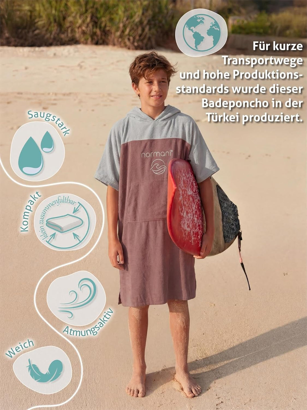 normani Teenager Frottee Badeponcho aus Bio-Baumwolle für Jungen und Mädchen - Strandponcho Surfer P