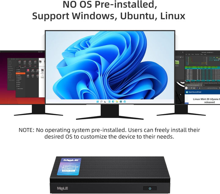 MeLE Fanless Mini-PC Quieter4C N100 16 GB 512 GB, ohne OS, kompatibel mit Linux, Ubuntu, Win11 Pro/H