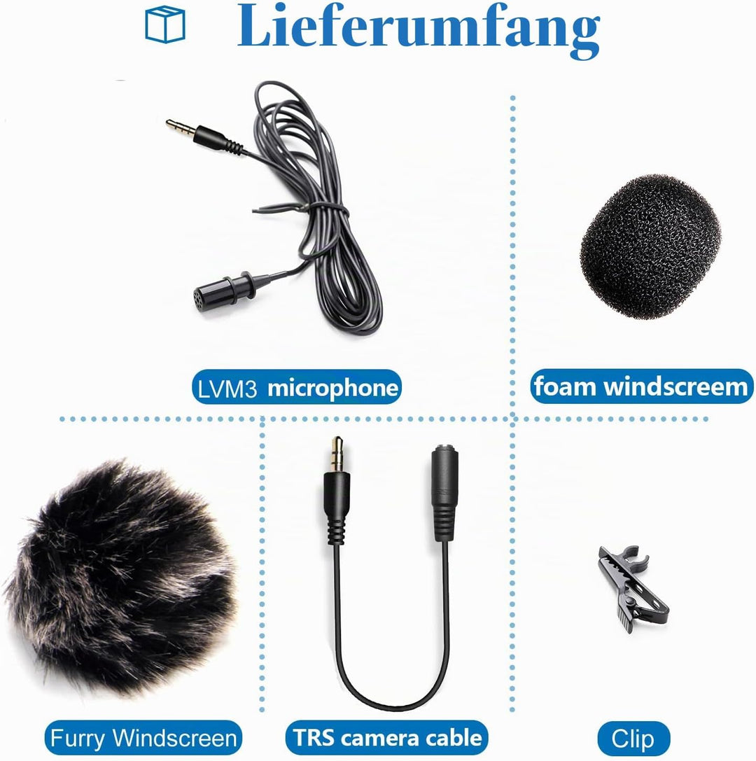 Nicama LVM3 Lavalier Mikrofon mit Windschutzscheibe, Kondensator Freisprech Ansteck Revers Mikrofon