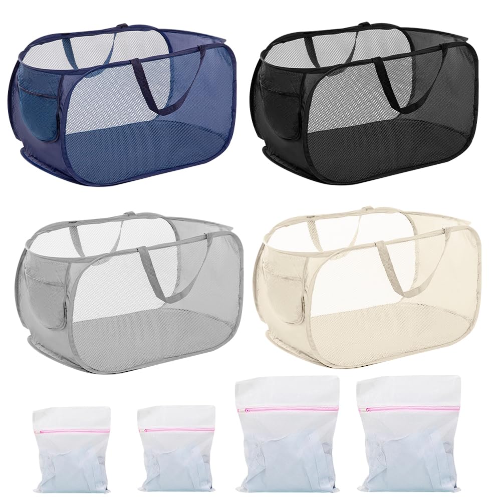 4Pcs Mesh Falten Wäschekörbe, 75L grosse Pop-up Wäsche Hamper Bins zusammenklappbar mit Griffen und