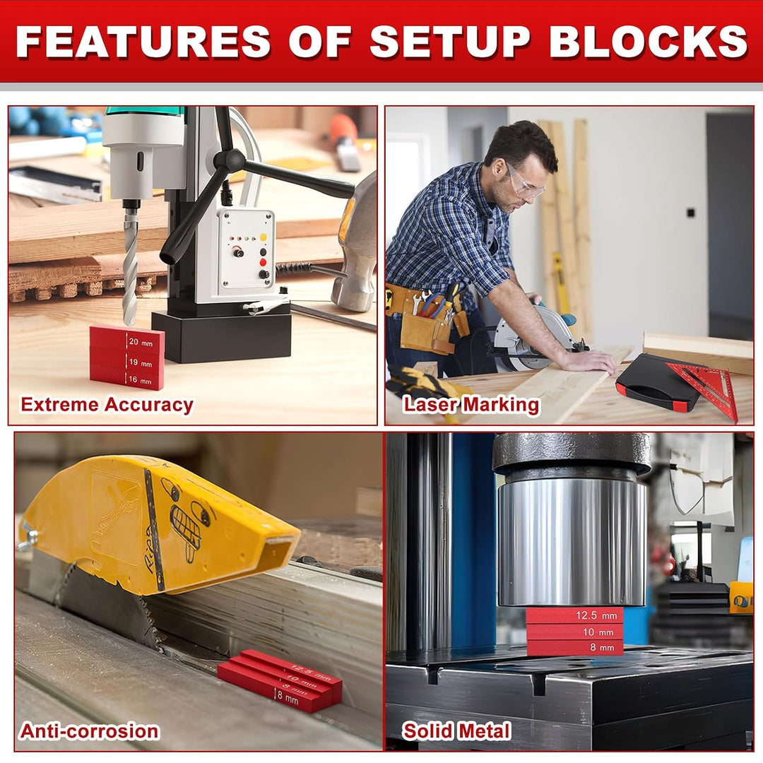 15-tlg. Setup Blocks Woodworking Set Metrisch, Aluminium Einstellblöcke mit Dreieckslineal und Koffe
