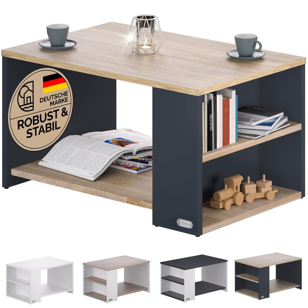 Casaria® Couchtisch Grau Holz mit Stauraum 2 Fächer 90x59x48cm Kratzfest 50kg Belastbar Rechteckig A