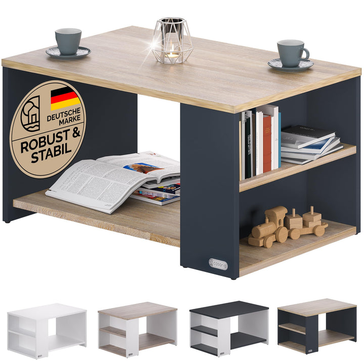 Casaria® Couchtisch Grau Holz mit Stauraum 2 Fächer 90x59x48cm Kratzfest 50kg Belastbar Rechteckig A