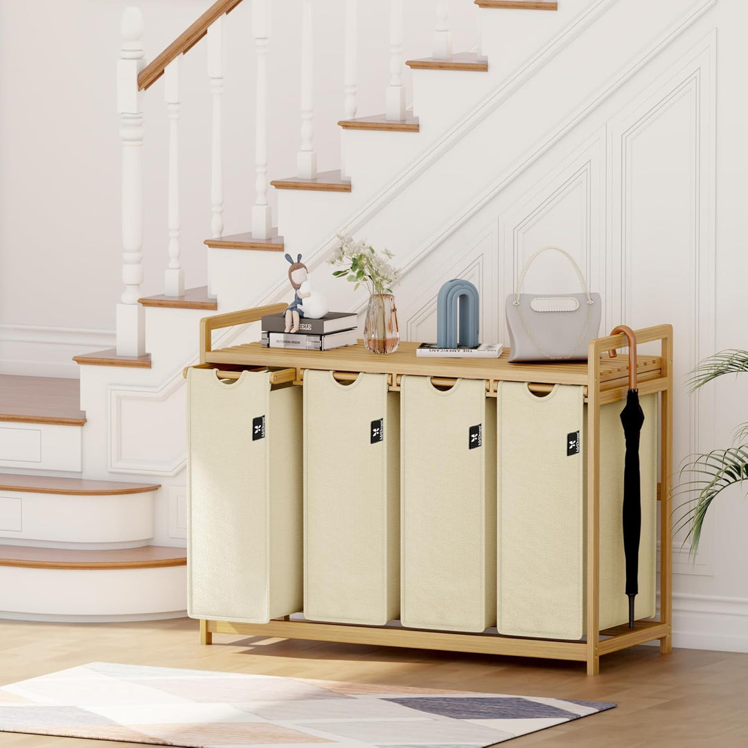AdelDream Wäschekorb 200L, 4 Fächer Wäschesammler mit Ablage, Bambusrahmen | Wäschesortierer mit 4 x