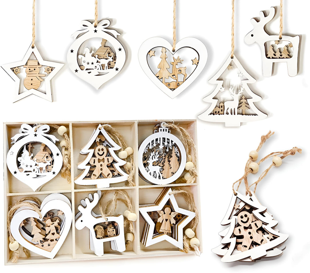 24 Stück Baumschmuck Weihnachten aus Holz，Weihnachtsdeko Zuhause – Weihnachtsanhänger &amp; Christbaumsc