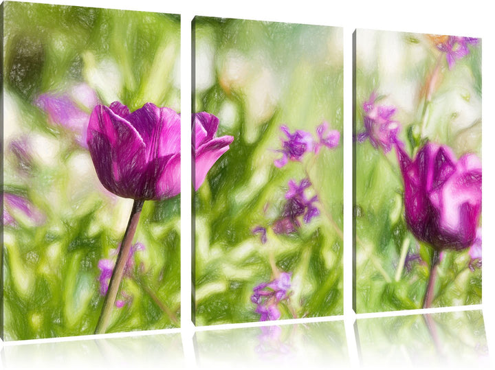 Pixxprint Blumen im Sonnenschein / 3-Teilig/Gesamtmass 120cm Leinwandbild bespannt auf Holzrahmen/Wa