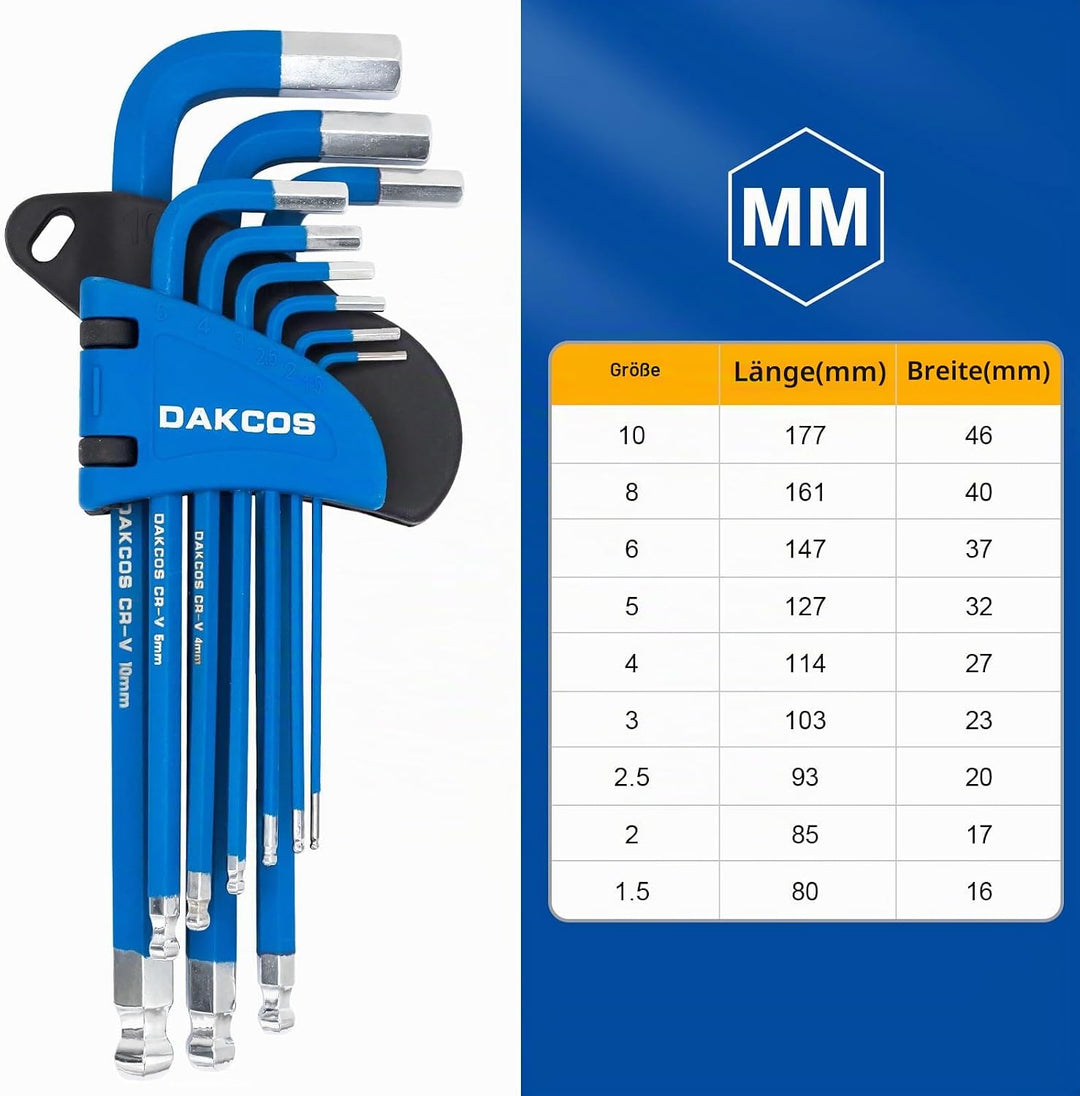DAKCOS 18 tlg Torx Innensechskantschlüssel mit Griff TX &amp; HX Winkelschlüssel | T10-T50 &amp; 1,5mm-10mm