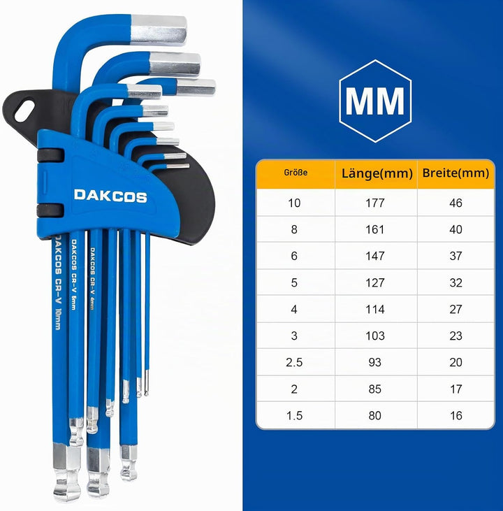DAKCOS 18 tlg Torx Innensechskantschlüssel mit Griff TX &amp; HX Winkelschlüssel | T10-T50 &amp; 1,5mm-10mm