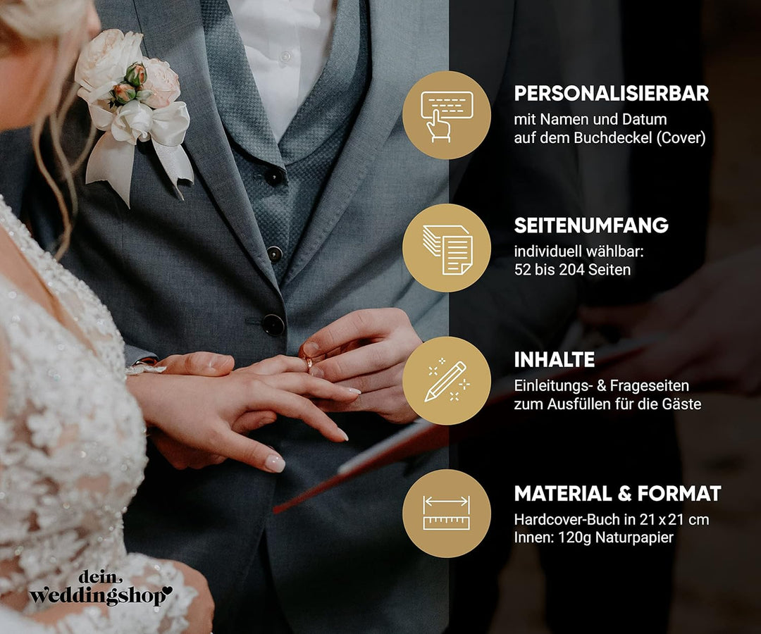 DeinWeddingshop Gästebuch Hochzeit - personalisiert - Hochzeitsgästebuch, Hardcover 21x21 cm (Inhalt