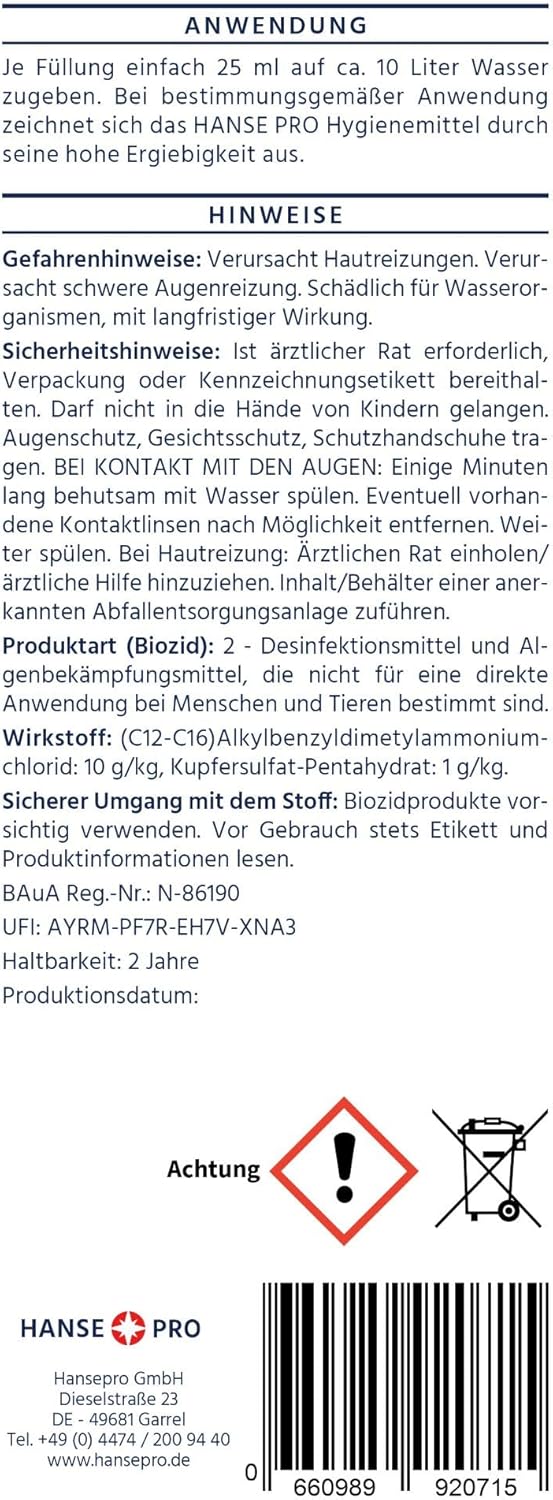 HANSE PRO Hygienemittel, 1 x 1000 ml - Konservierungs-Mittel für Luftbefeuchter, Luftreiniger, Luftw
