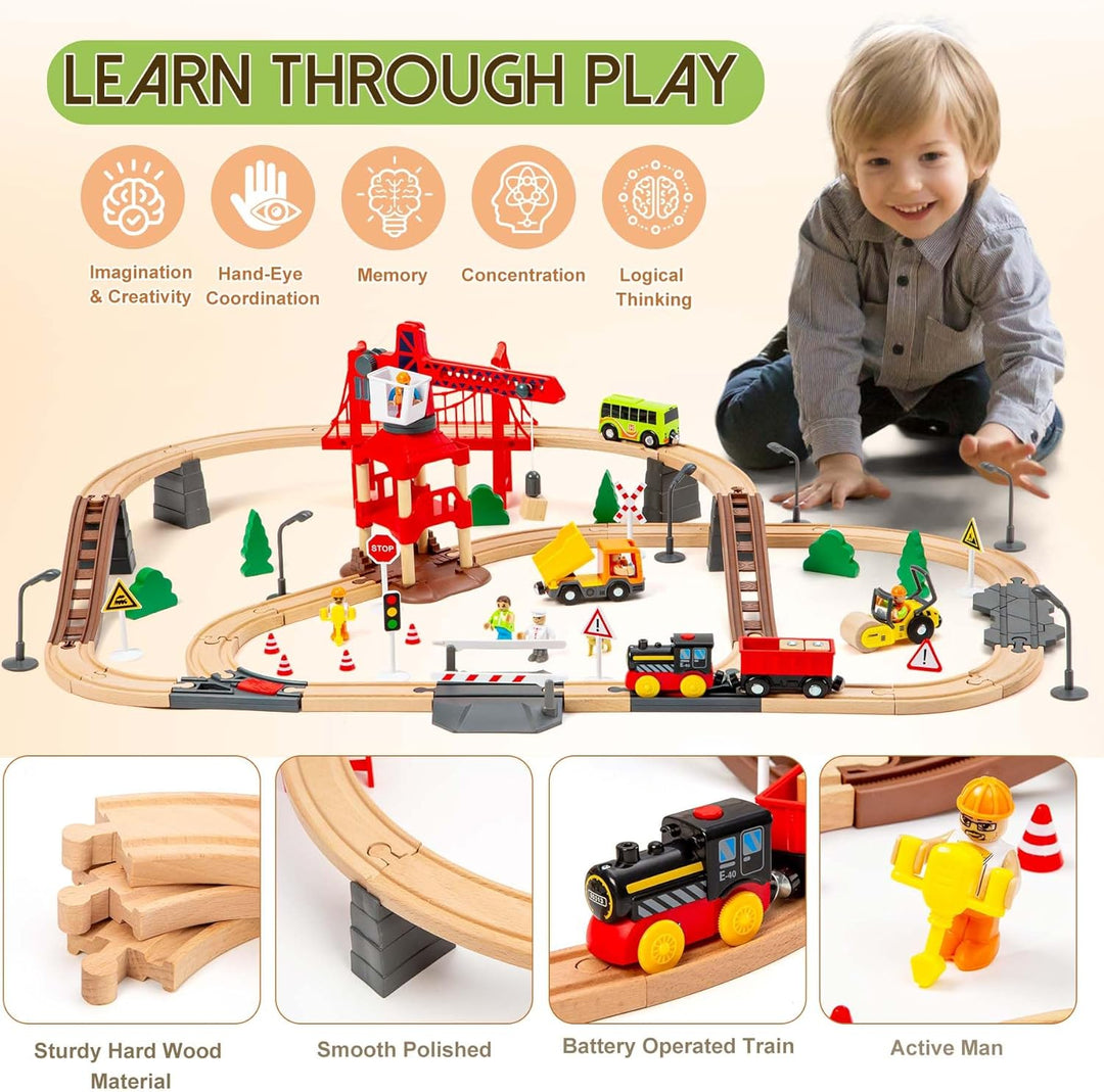 86PCS Holzeisenbahn Set mit Kran, Eisenbahn Holz mit Kran Spielzeug, Holz Eisenbahn Kinder, Passend
