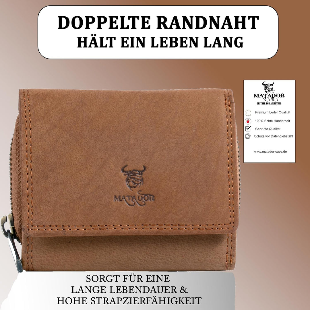 MATADOR® CHIQUITO Echt Leder Klein Geldbörse Damen Mini Geldbeutel Herren TüV geprüfter RFID & NFC S